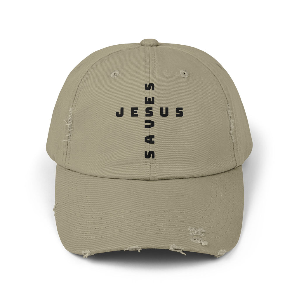 Distressed 'Jesus' Vertical Logo Cap — Washed Black Religious Baseball Hat