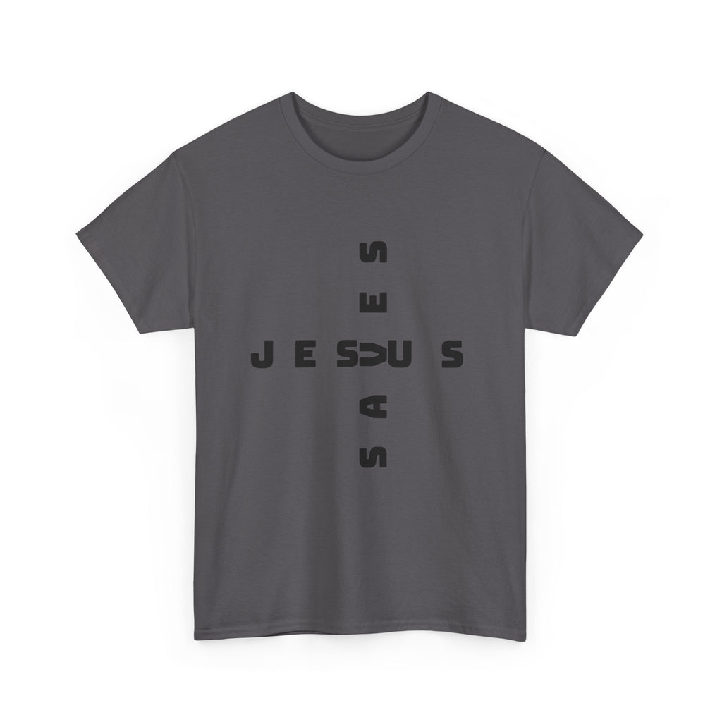 Jesus Cross Tee — Modern Vertical 'JESUS' Typography Christian T‑Shirt