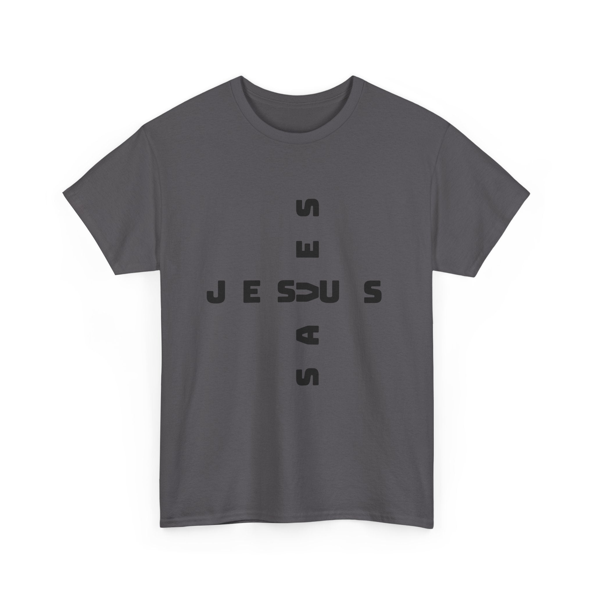 Jesus Cross Tee — Modern Vertical 'JESUS' Typography Christian T‑Shirt