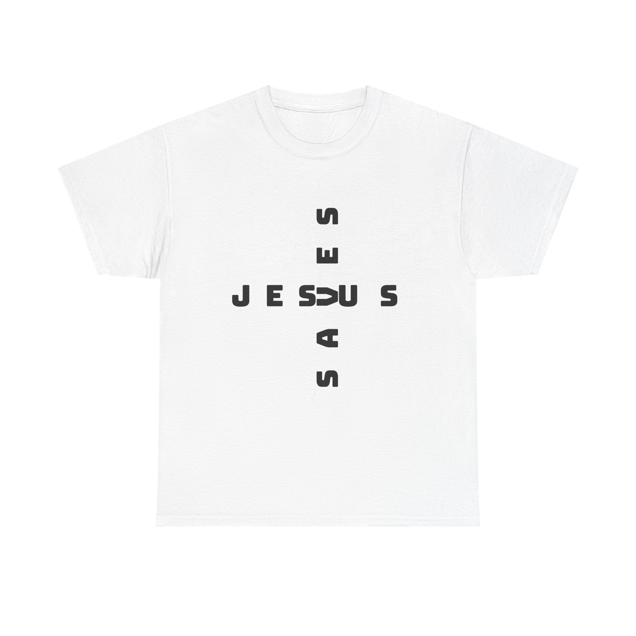 Jesus Cross Tee — Modern Vertical 'JESUS' Typography Christian T‑Shirt