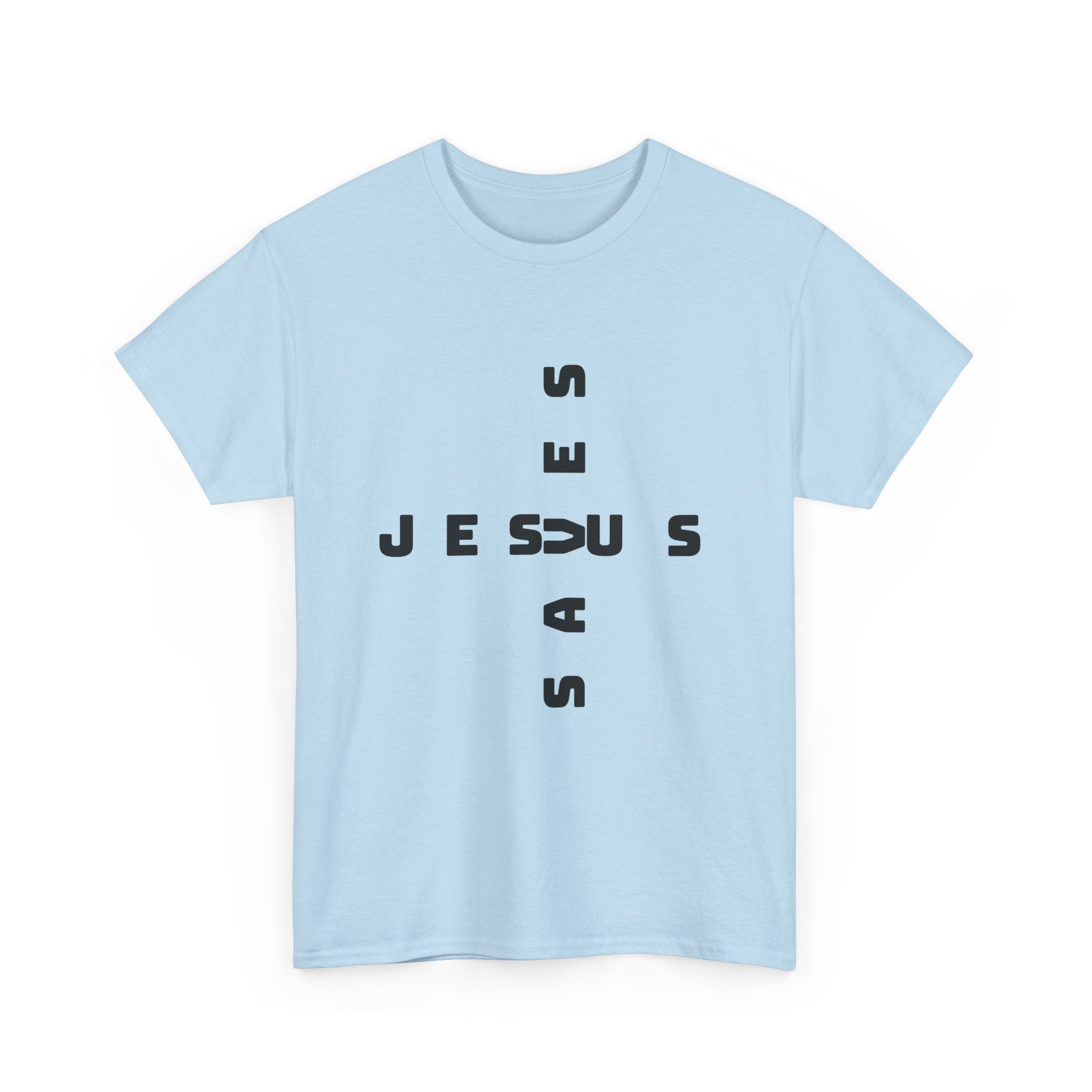Jesus Cross Tee — Modern Vertical 'JESUS' Typography Christian T‑Shirt