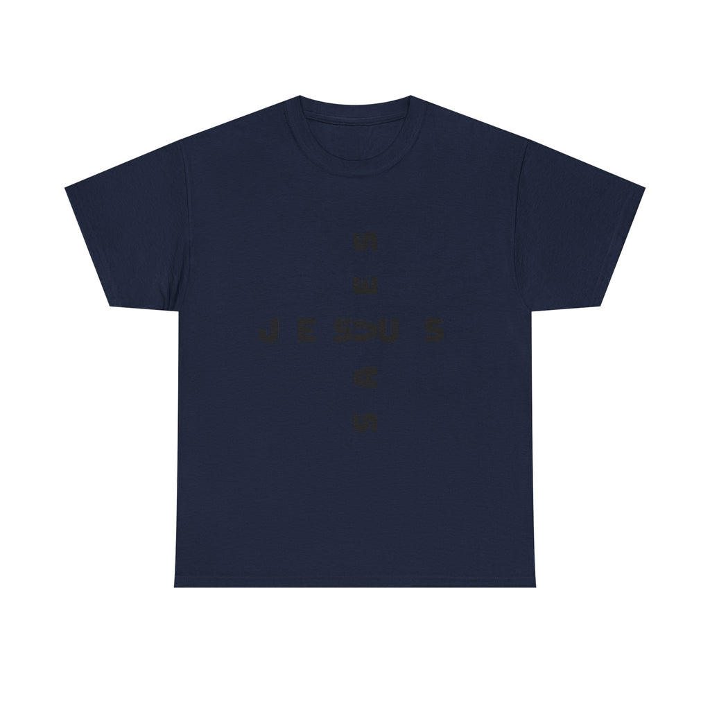 Jesus Cross Tee — Modern Vertical 'JESUS' Typography Christian T‑Shirt