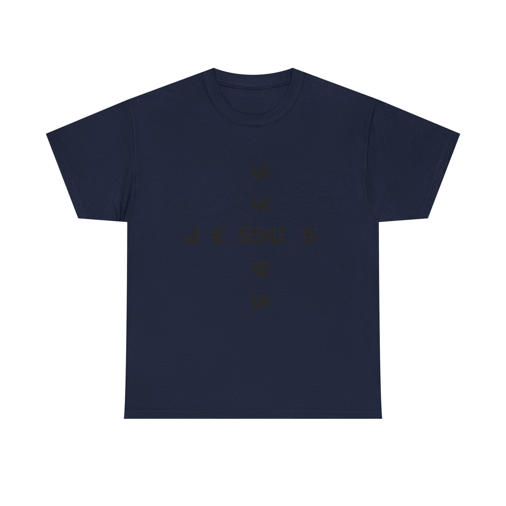 Jesus Cross Tee — Modern Vertical 'JESUS' Typography Christian T‑Shirt