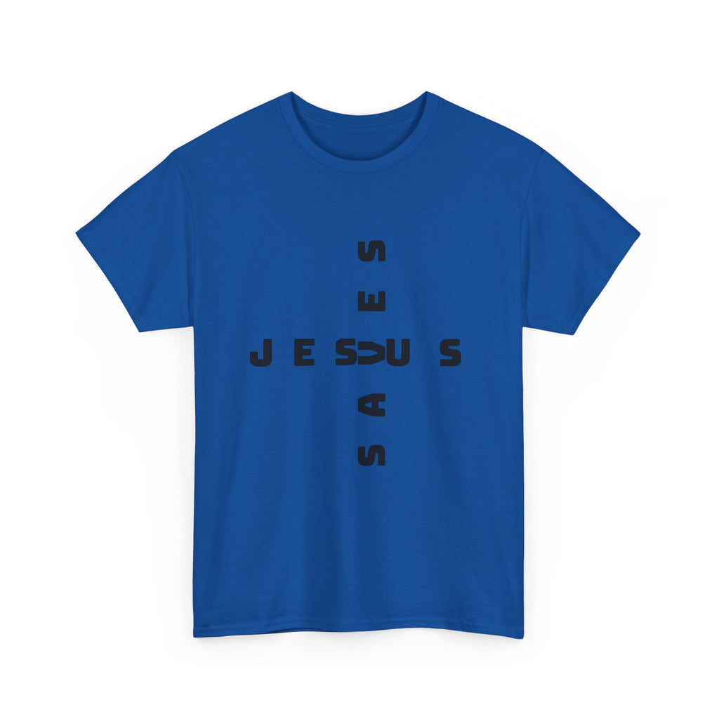 Jesus Cross Tee — Modern Vertical 'JESUS' Typography Christian T‑Shirt