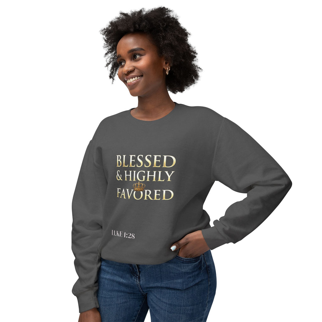 Crewneck Sweatshirt — "Blessed & Highly Favored" Gold Crown Inspirational Pullover
