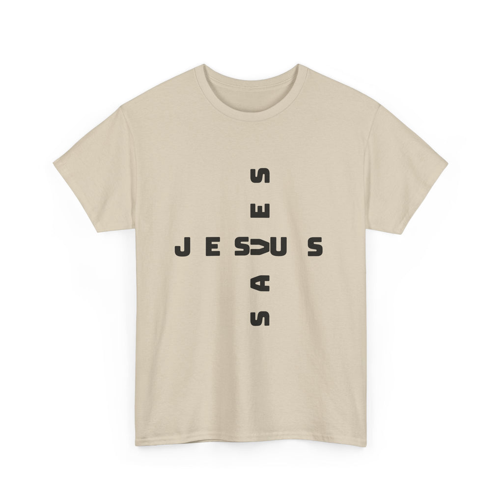 Jesus Cross Tee — Modern Vertical 'JESUS' Typography Christian T‑Shirt