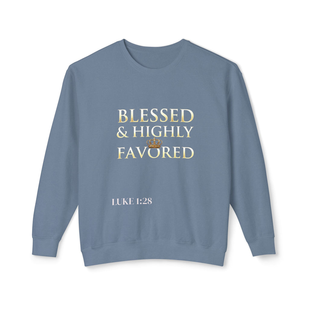 Crewneck Sweatshirt — "Blessed & Highly Favored" Gold Crown Inspirational Pullover