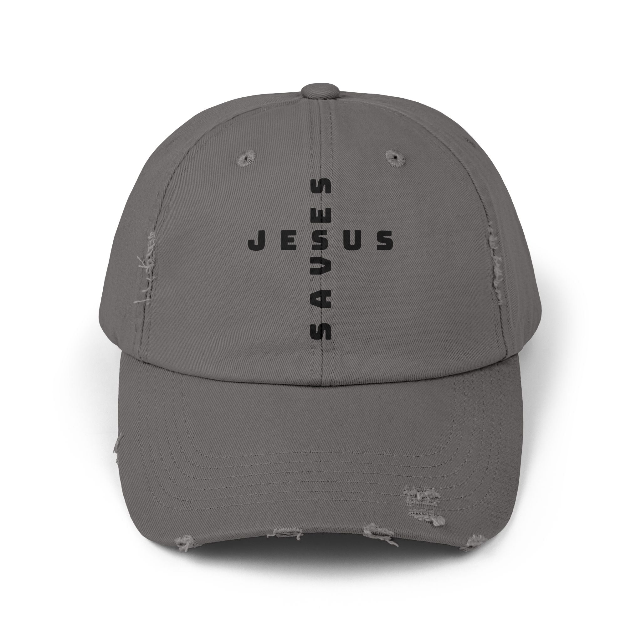 Distressed 'Jesus' Vertical Logo Cap — Washed Black Religious Baseball Hat