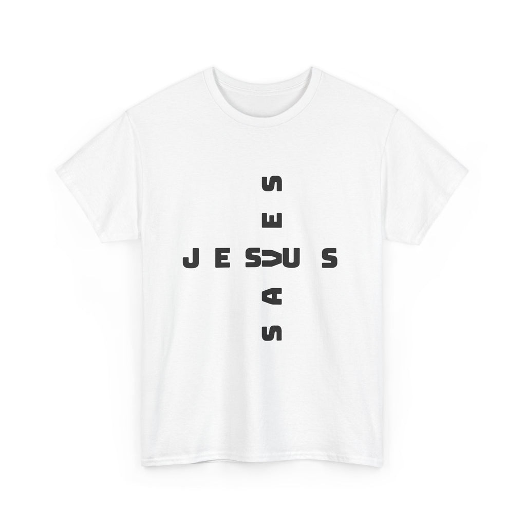 Jesus Cross Tee — Modern Vertical 'JESUS' Typography Christian T‑Shirt