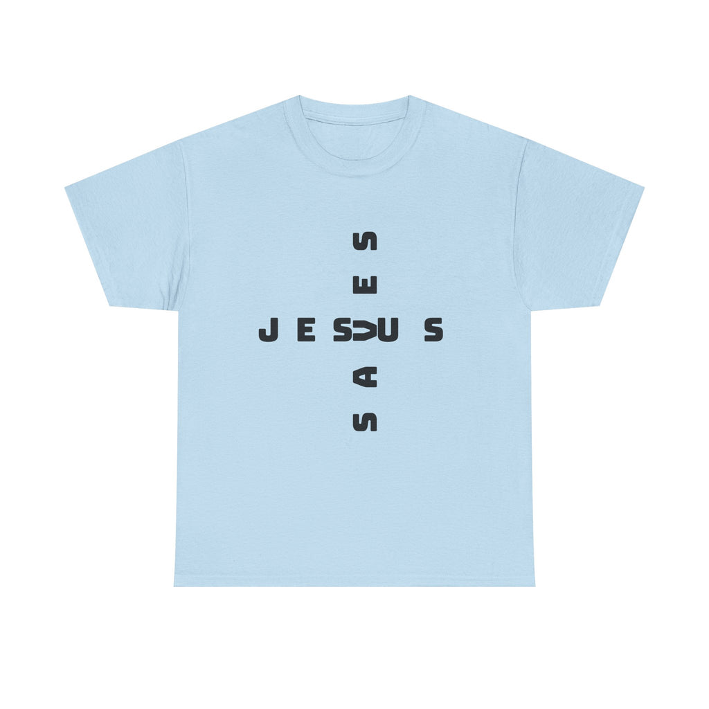 Jesus Cross Tee — Modern Vertical 'JESUS' Typography Christian T‑Shirt
