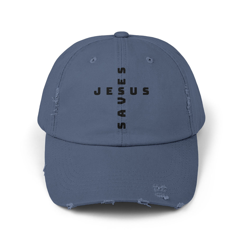 Distressed 'Jesus' Vertical Logo Cap — Washed Black Religious Baseball Hat