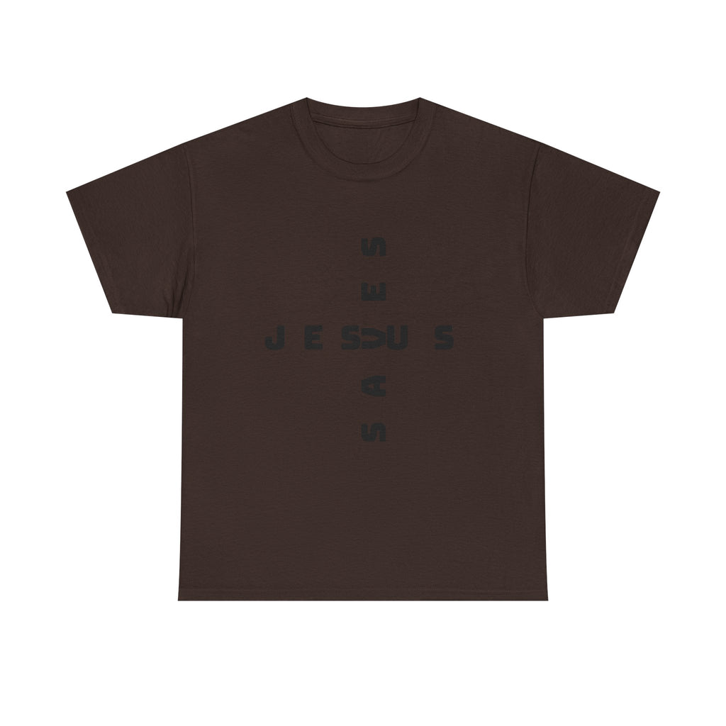 Jesus Cross Tee — Modern Vertical 'JESUS' Typography Christian T‑Shirt