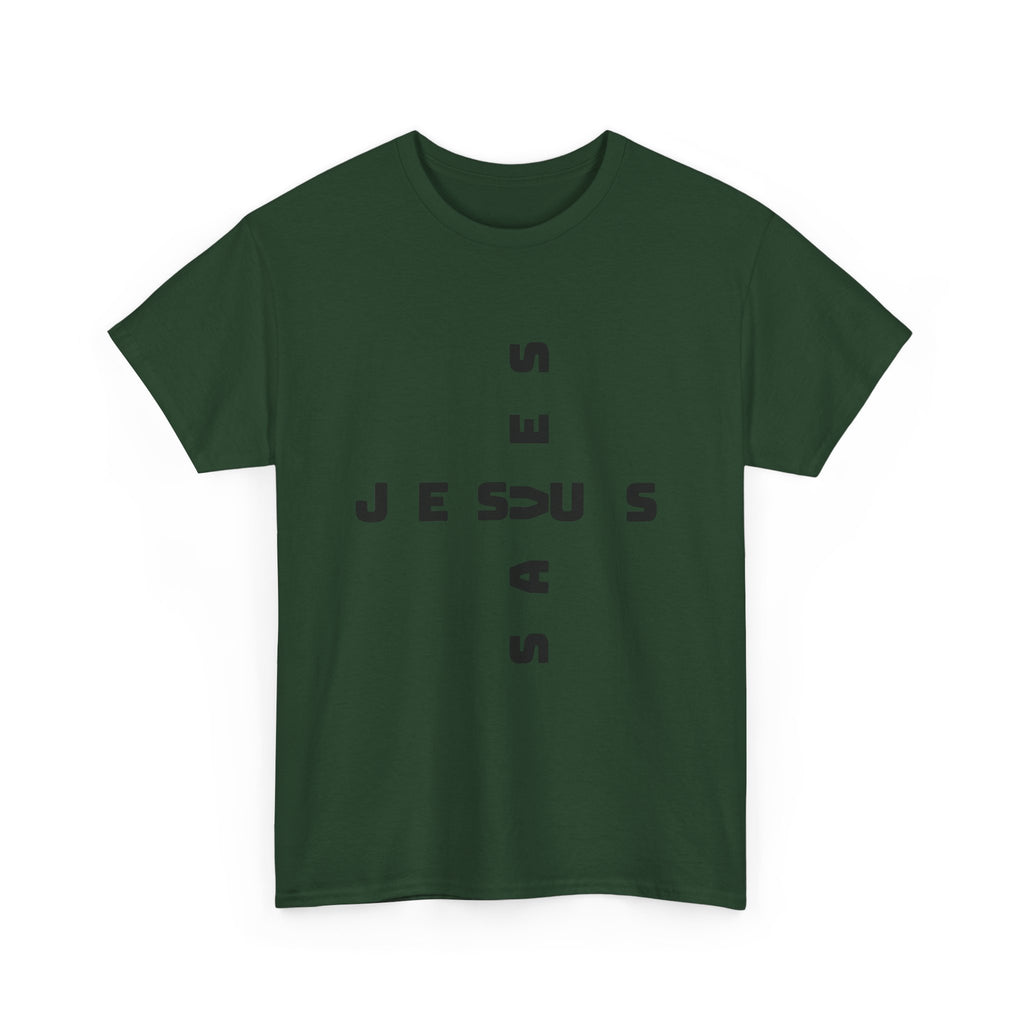 Jesus Cross Tee — Modern Vertical 'JESUS' Typography Christian T‑Shirt