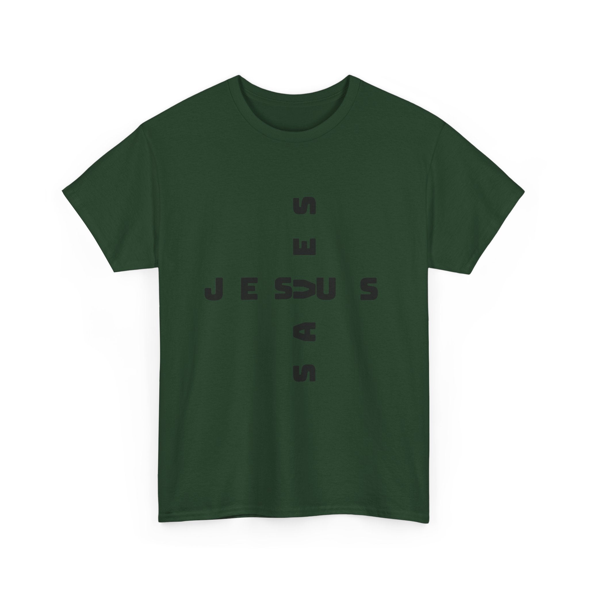 Jesus Cross Tee — Modern Vertical 'JESUS' Typography Christian T‑Shirt