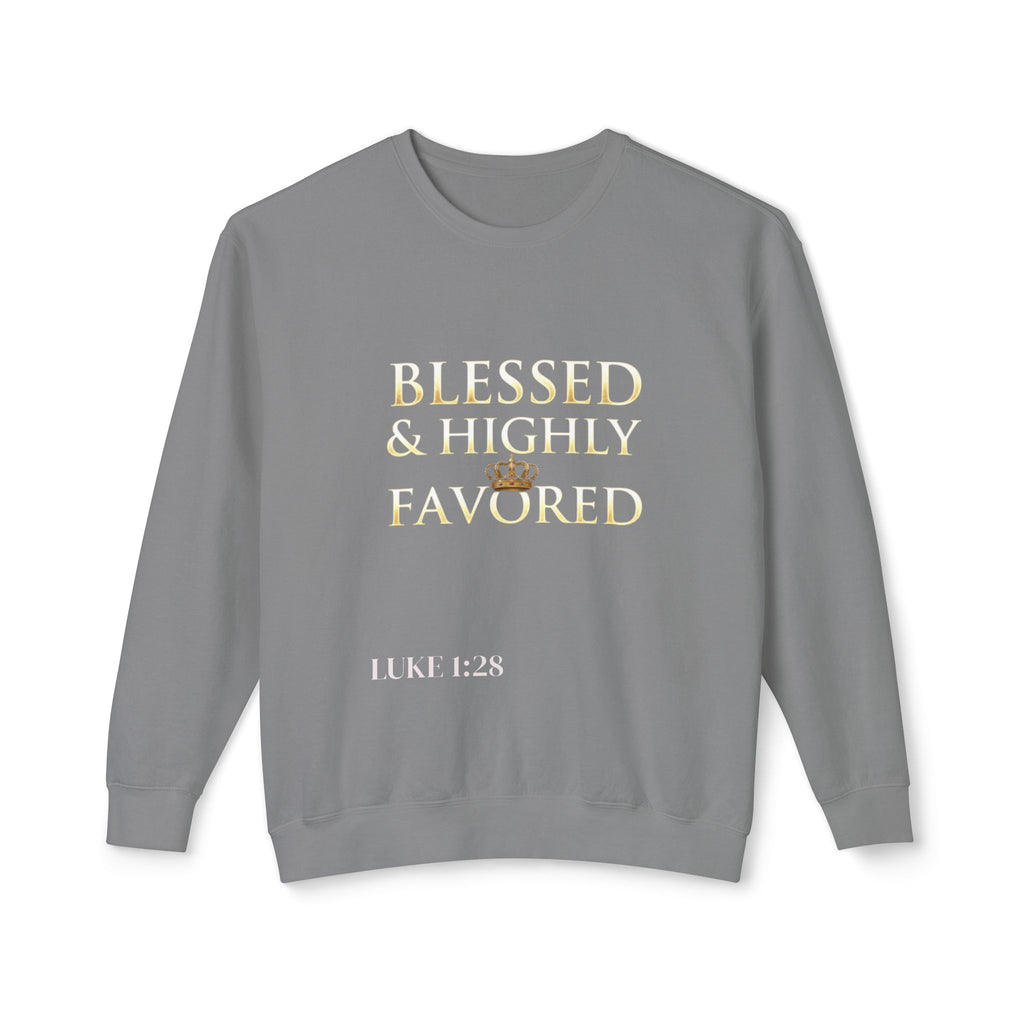 Crewneck Sweatshirt — "Blessed & Highly Favored" Gold Crown Inspirational Pullover