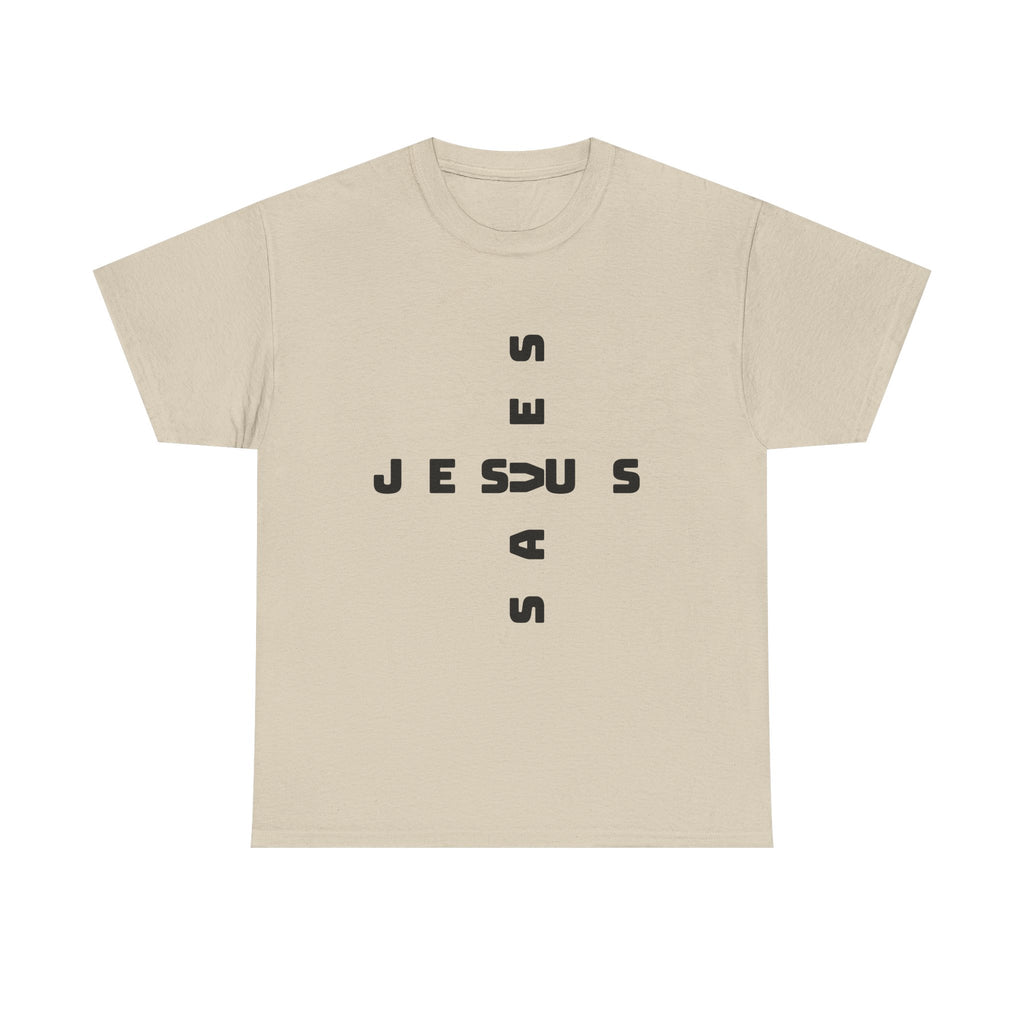 Jesus Cross Tee — Modern Vertical 'JESUS' Typography Christian T‑Shirt