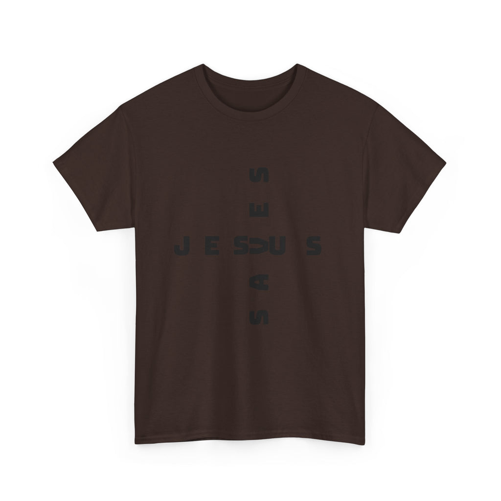 Jesus Cross Tee — Modern Vertical 'JESUS' Typography Christian T‑Shirt