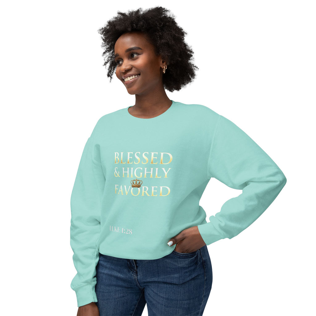 Crewneck Sweatshirt — "Blessed & Highly Favored" Gold Crown Inspirational Pullover