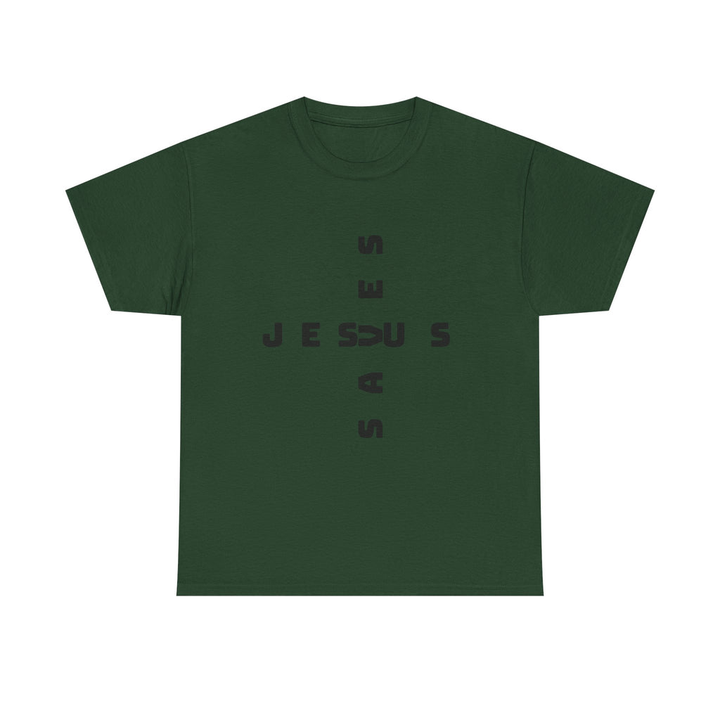 Jesus Cross Tee — Modern Vertical 'JESUS' Typography Christian T‑Shirt