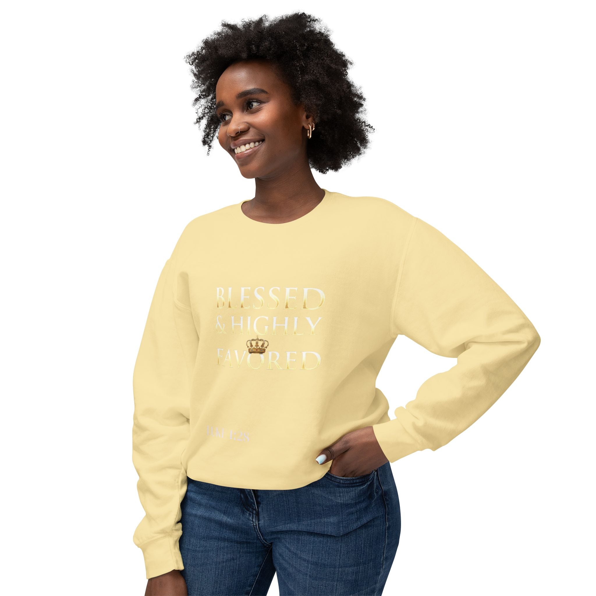 Crewneck Sweatshirt — "Blessed & Highly Favored" Gold Crown Inspirational Pullover