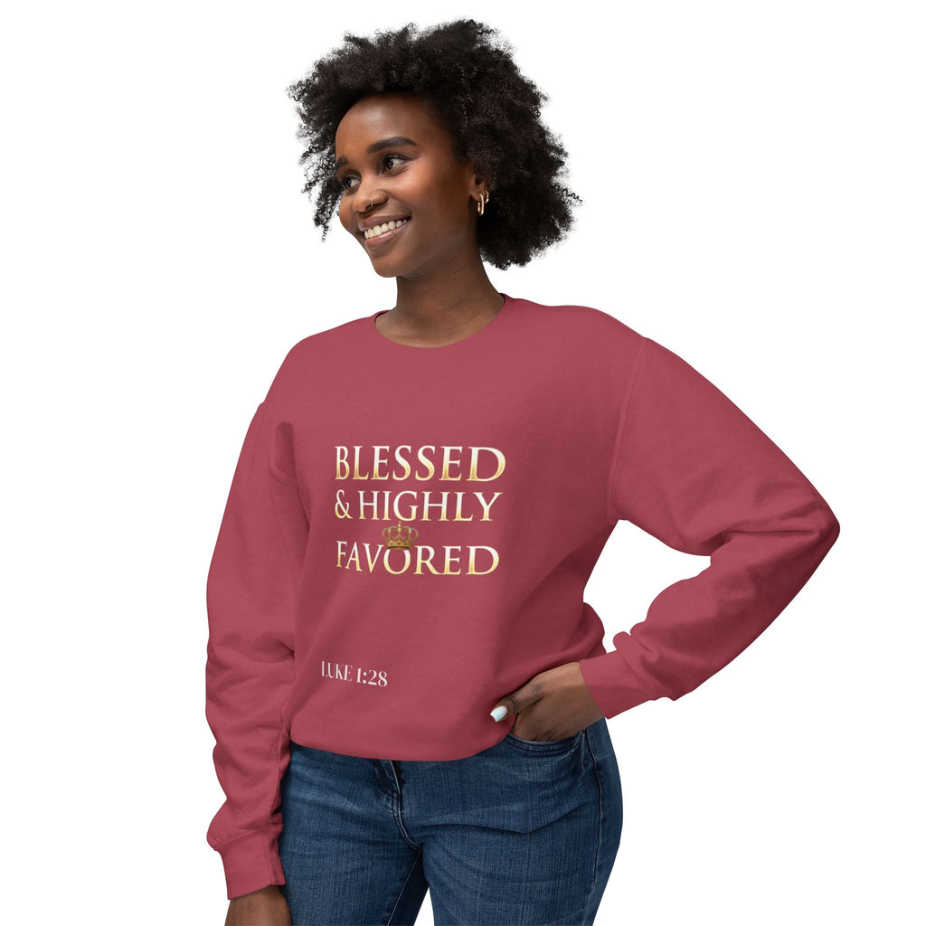 Crewneck Sweatshirt — "Blessed & Highly Favored" Gold Crown Inspirational Pullover