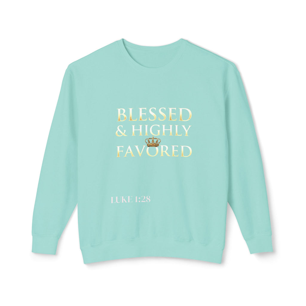 Crewneck Sweatshirt — "Blessed & Highly Favored" Gold Crown Inspirational Pullover