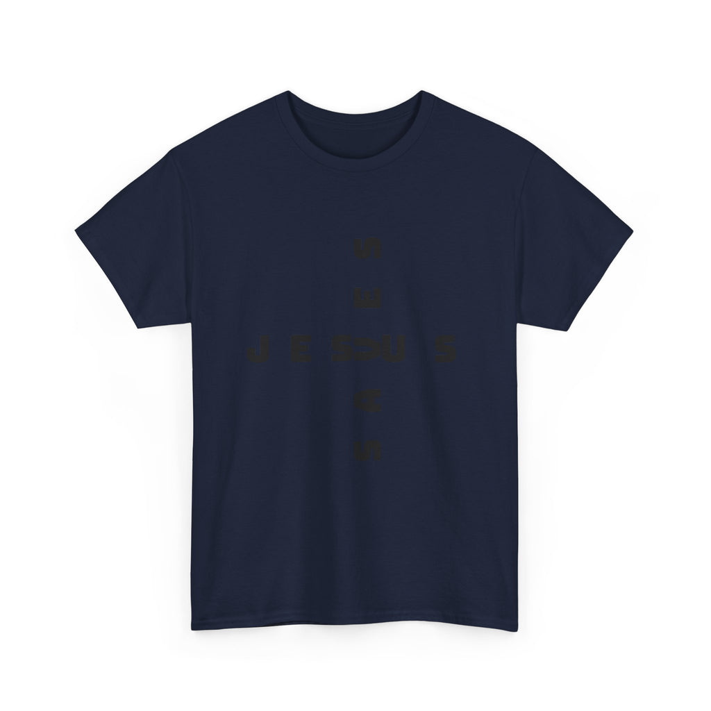 Jesus Cross Tee — Modern Vertical 'JESUS' Typography Christian T‑Shirt