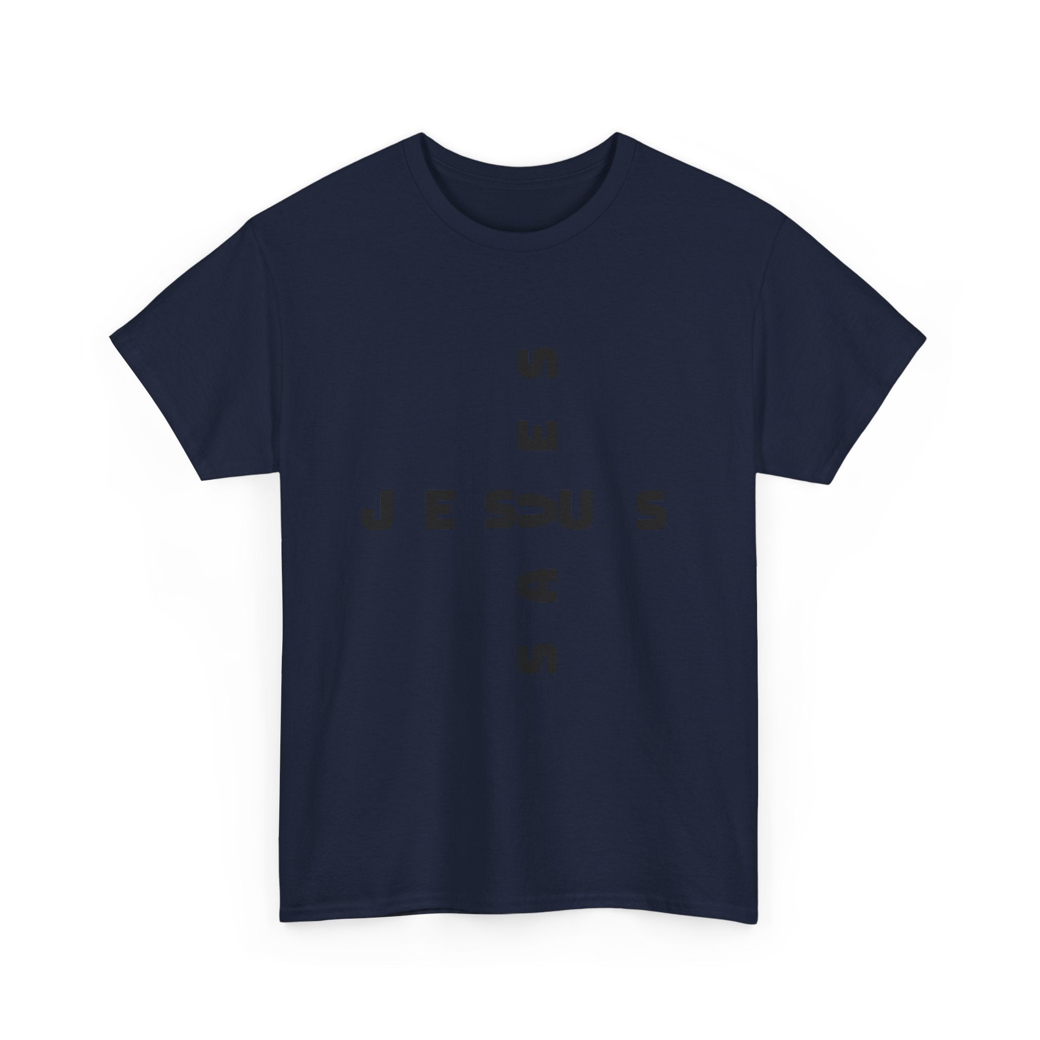 Jesus Cross Tee — Modern Vertical 'JESUS' Typography Christian T‑Shirt